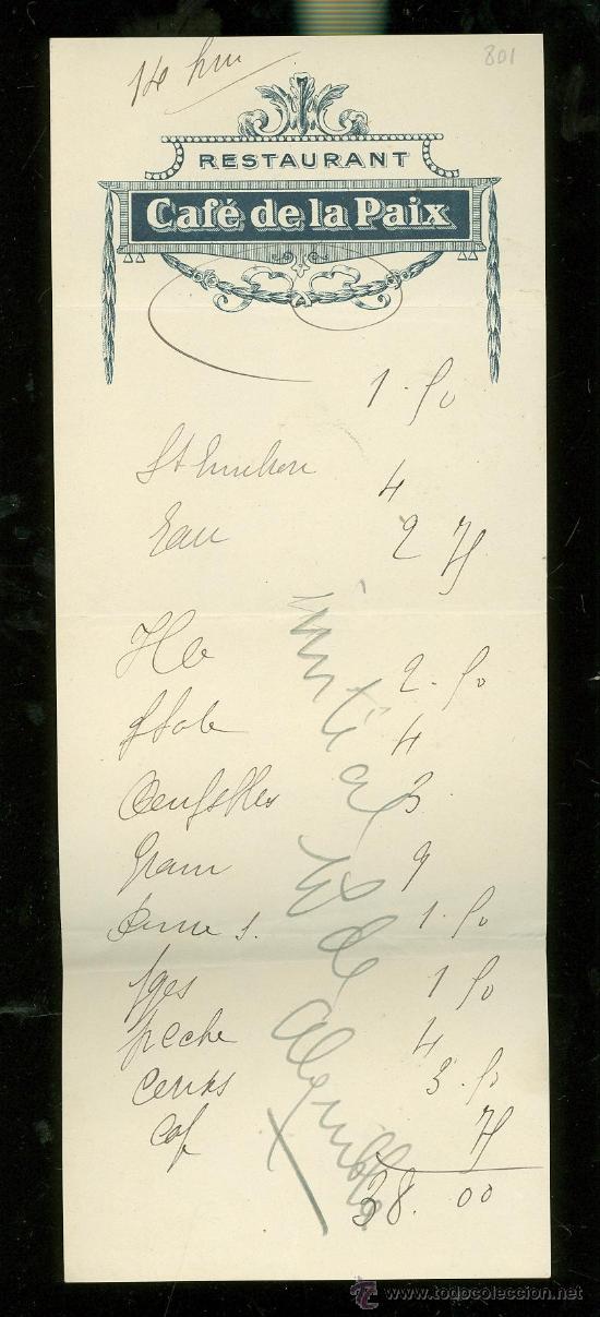 Facturas antiguas: FACTURA RESTAURANTE CAF&Eacute; DE LA PAIX