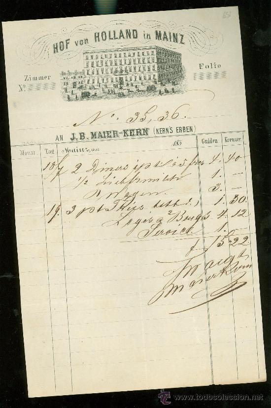 Fatture antiche: FACTURA. HOF VON HOLLAND IN MAINZ. J.B. MAIER-KERN.