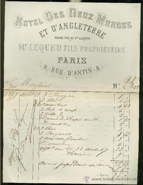 Fatture antiche: FACTURA. HOTEL DES DEUX MONOES ET D&acute;ANGLETERRE. VVE. LEQUEU. PARIS.  1867