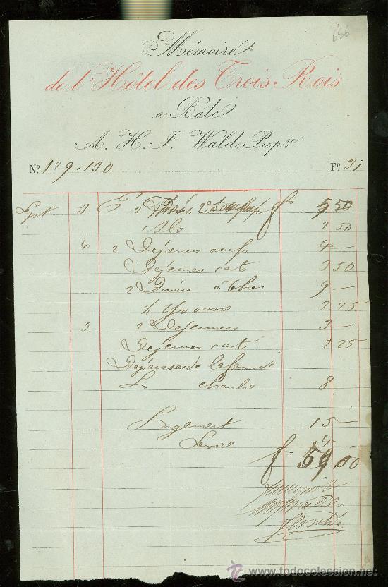 Facturas antiguas: FACTURA. MEMOIRE DE L&acute;HOTEL DES TROIS ROIS A BALE.