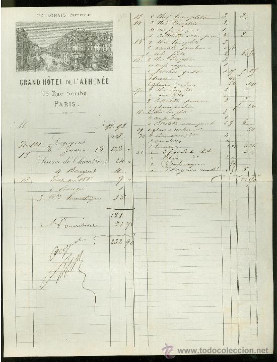 Facturas antiguas: FACTURA. GRAND HOTEL DE L&acute;ATHENEE. PARIS.