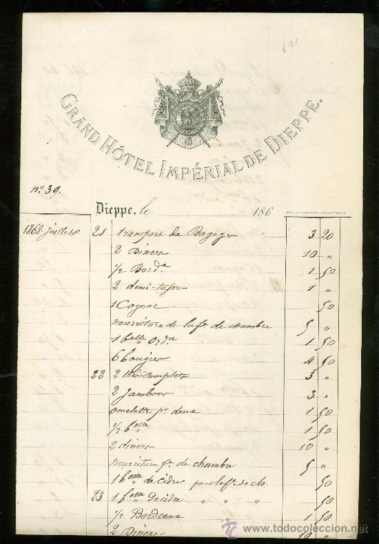 Facturas antiguas: FACTURA. GRAND HOTEL IMPERIAL DE DIEPPE. 1868.