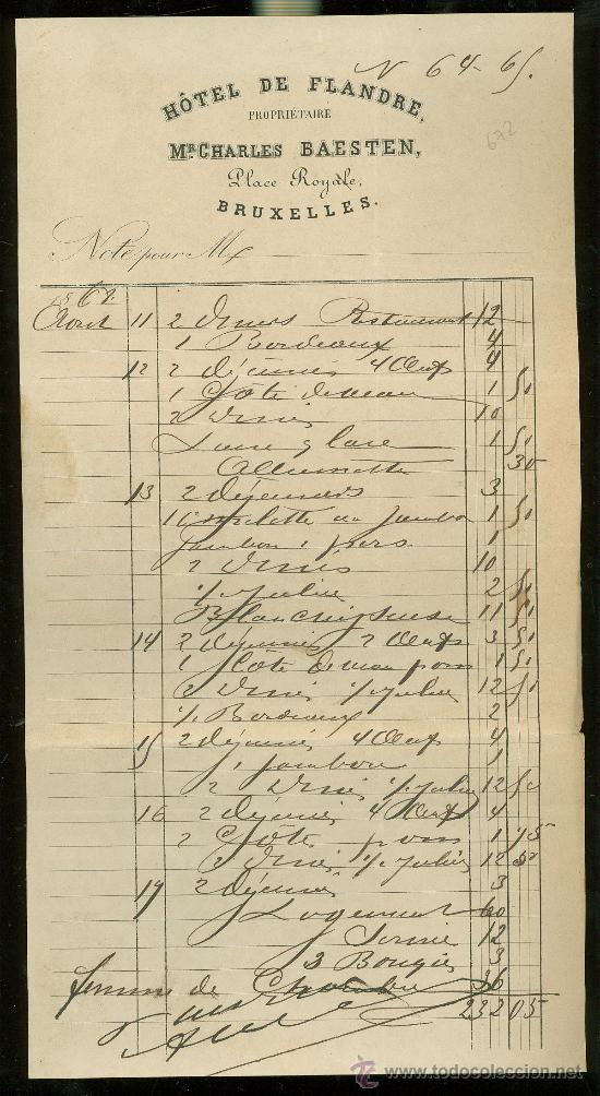 Facturas antiguas: FACTURA. HOTEL DE FLANDRE. MR. CHARLES BAESTEN. BRUXELLES. 1868.