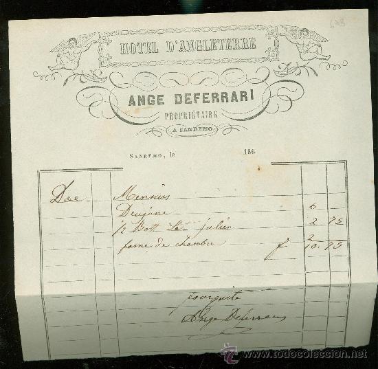 Facturas antiguas: FACTURA. HOTEL D&acute;ANGLETERRE. ANGE DEFERRARI. SANREMO.