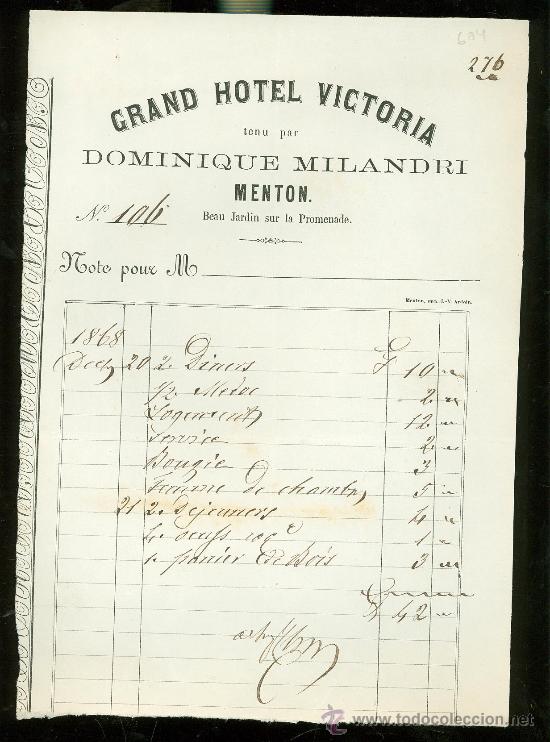 Facturas antiguas: FACTURA. GRAND HOTEL VICTORIA. DOMINIQUE MILANDRI. MENTON. 1868