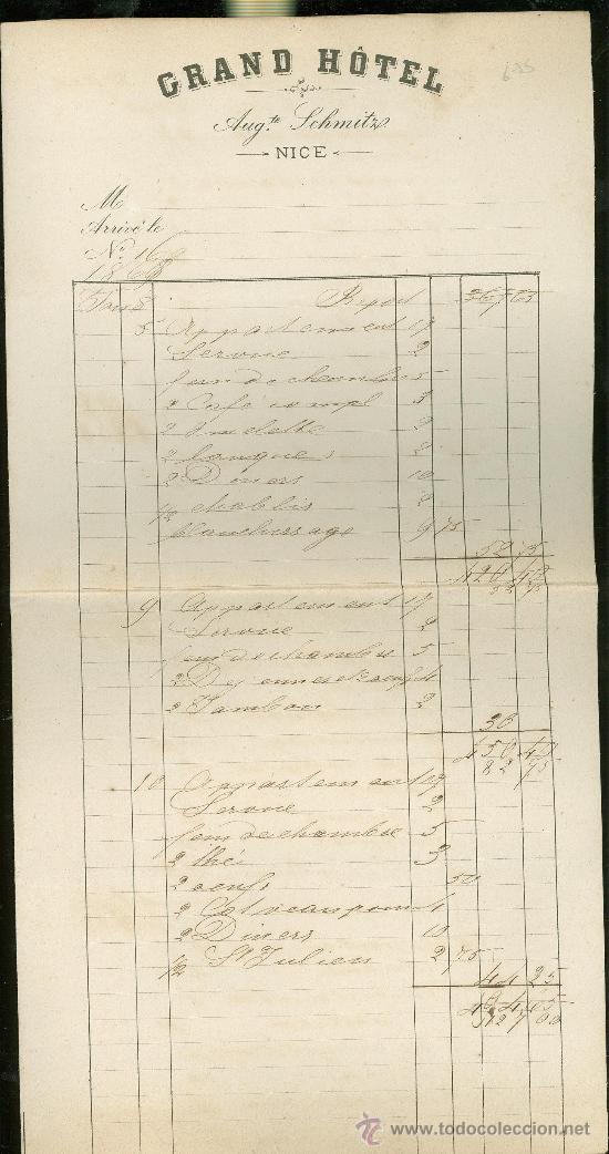 Facturas antiguas: FACTURA. GRAND HOTEL. AUG.TE SCHMITZ. NICE. 1868.