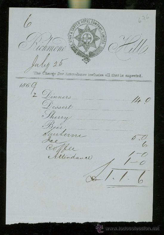 Facturas antiguas: FACTURA. RICHMOND HILL. STAR & GARTER HOTEL COMPANY LIMITED. 1869.