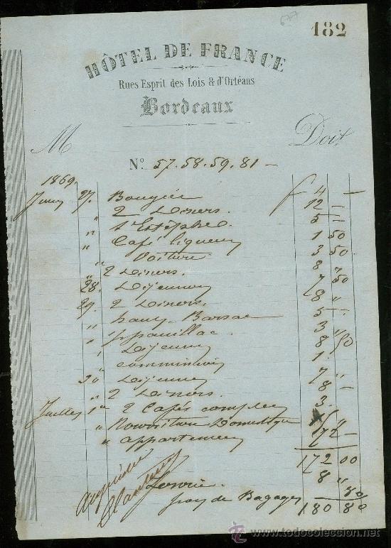 Facturas antiguas: FACTURA. HOTEL DE FRANCE. BORDEAUX. 1869.