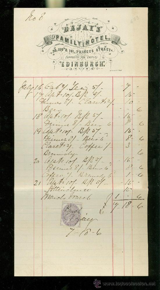 Facturas antiguas: FACTURA. FAMILY HOTEL. DEJAY&acute;S. EDINBURGH.