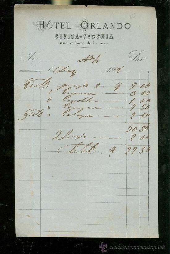 Facturas antiguas: FACTURA. HOTEL ORLANDO. CIVITA VECCHIA. 1868.