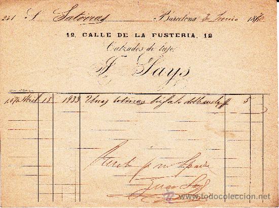 Facturas antiguas: calzado de lujo J.Lays Calle Fusteria Barcelona 1870