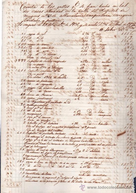 Facturas antiguas: CUENTA DE GASTOS EN DOS CASAS SITUADAS EN LA CALLE DEL HOSPITAL DE MUJERES, C&Aacute;DIZ, 1838