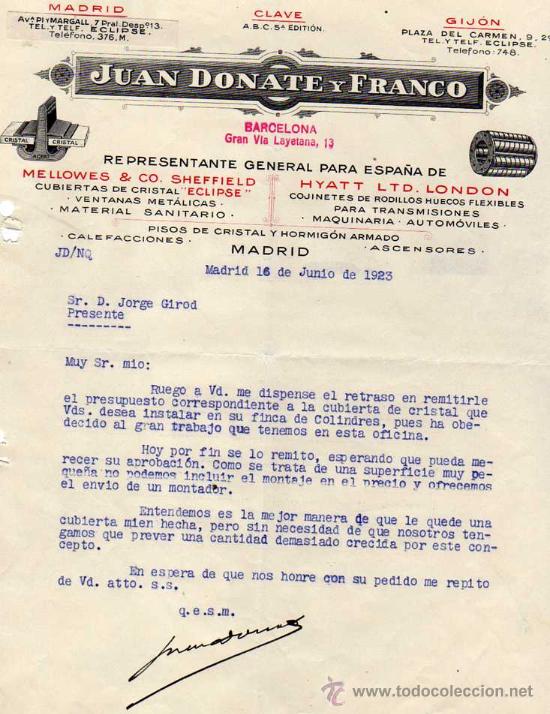 Old Invoices: Juan Donate y Franco. Madrid. Gij&oacute;n. Representante General para Espa&ntilde;a Calefacciones ascensor