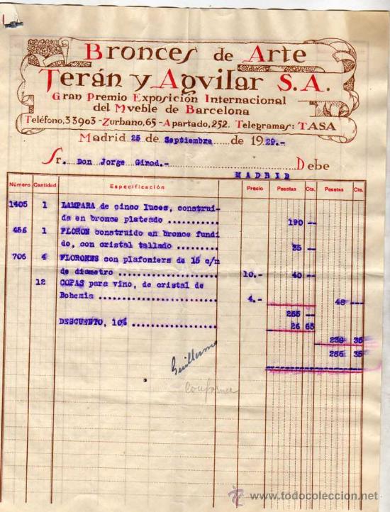 Facturas antiguas: Factura. Bronces de Arte. Ter&aacute;n y aguilar. Gran Premio Exposici&oacute;n Internacional. Madrid. 1929.