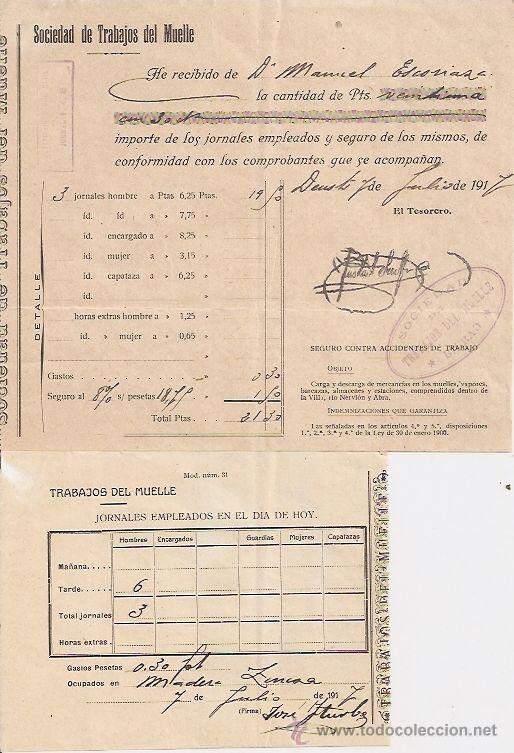 Facturas antiguas: Puerto de Bilbao. 2 documentos de trabajos en el muelle. 1917 - Foto 1