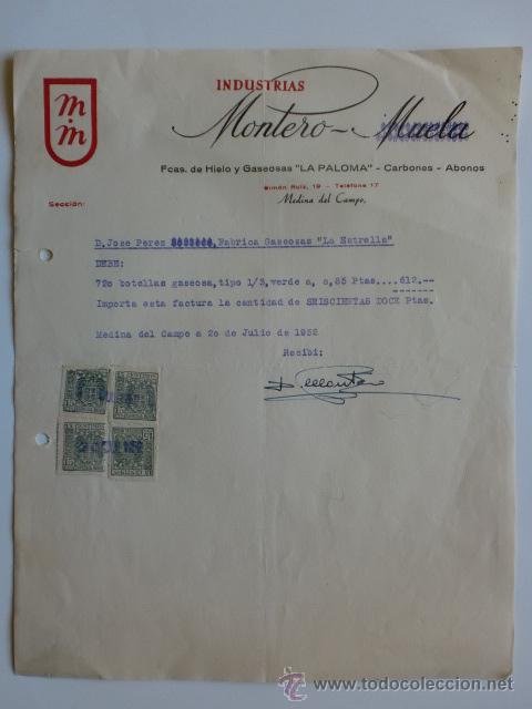 Facturas antiguas: FACTURA. MEDINA DEL CAMPO. JULIO 1952. INDUSTRIAS MONTERO. FABRICAS DE HIELO Y GASEOSAS LA PALOMA.