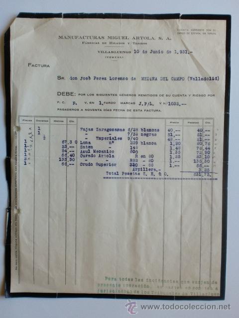 Facturas antiguas: FACTURA. VILLARLUENGO, TERUEL. JUNIO 1931. MANUFACTURAS MIGUEL ARTOLA, S. A.