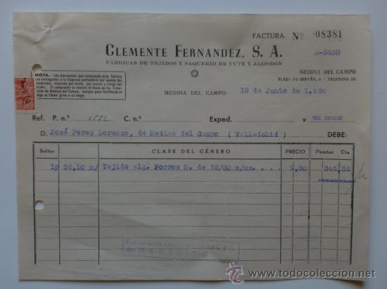 Facturas antiguas: FACTURA. MEDINA DEL CAMPO. JUNIO 1956. CLEMENTE FERNANDEZ, S. A. FAFRICAS DE TEJIDOS