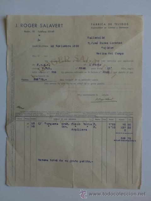 Facturas antiguas: FACTURA. BARCELONA. NOVIEMBRE 1935. J. ROGER SALAVERT. FABRICA DE TEJIDOS.