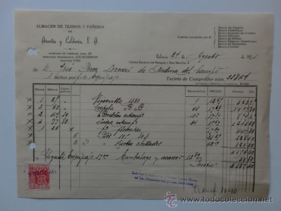 Facturas antiguas: FACTURA. PALENCIA. AGOSTO 1951. AZCOITIA Y CALDERON, S. A. ALMACEN DE TEJIDOS.