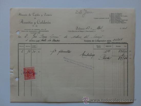 Facturas antiguas: FACTURA. PALENCIA. ABRIL 1951. AZCOITIA Y CALDERON, S. A. ALMACEN DE TEJIDOS.