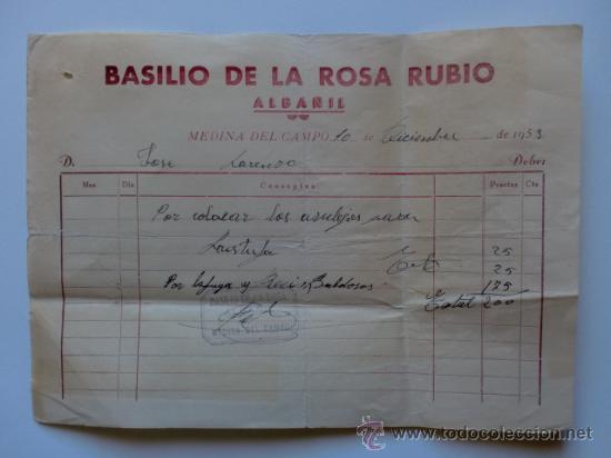 Facturas antiguas: FACTURA. MEDINA DEL CAMPO. DICIEMBRE 1953. BASILIO DE LA ROSA RUBIO. ALBA&Ntilde;IL.