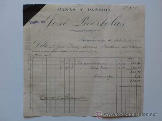 Facturas antiguas: FACTURA. BARCELONA. OCTUBRE 1935. JOSE PUERTOLAS. PANAS Y PA&Ntilde;ERIA.