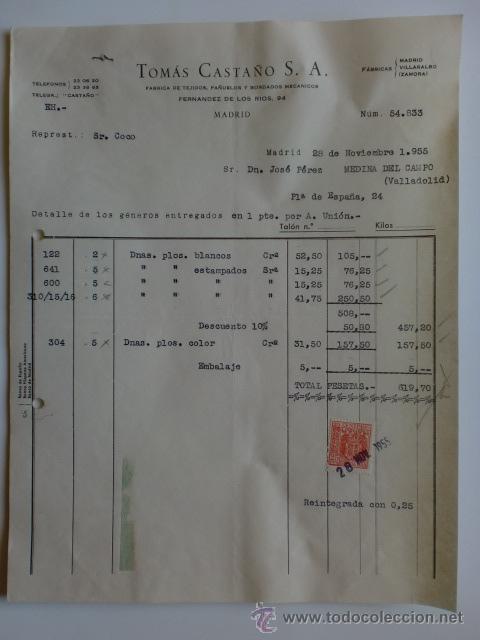 Factures anciennes: FACTURA. MADRID. NOVIEMBRE 1955. TOMAS CASTA&Ntilde;O, S. A. FABRICA DE TEJIDOS.