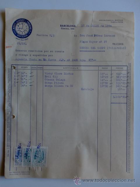 Factures anciennes: FACTURA. BARCELONA. JULIO 1954. MARTI, LLOPART Y TRENCHS, S. A. TEXTIL.