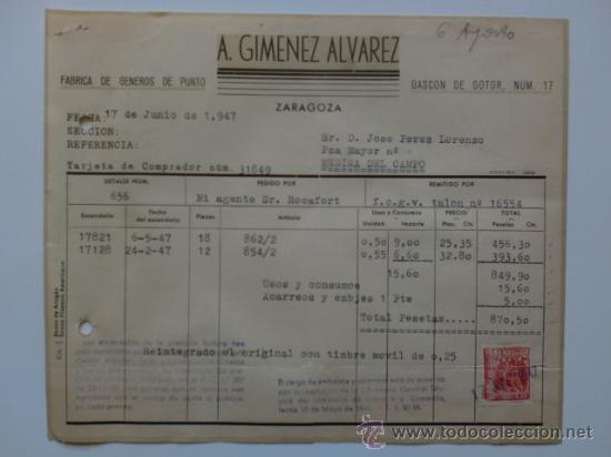Factures anciennes: FACTURA. ZARAGOZA. JUNIO 1947. A. GIMENEZ ALVAREZ. FABRICA DE GENEROS DE PUNTO.