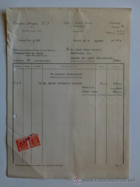 Factures anciennes: FACTURA. MADRID. AGOSTO 1953. TERAPIO-DROGAS, S. A. PRODUCTOS QUIMICOS Y FARMACEUTICOS.
