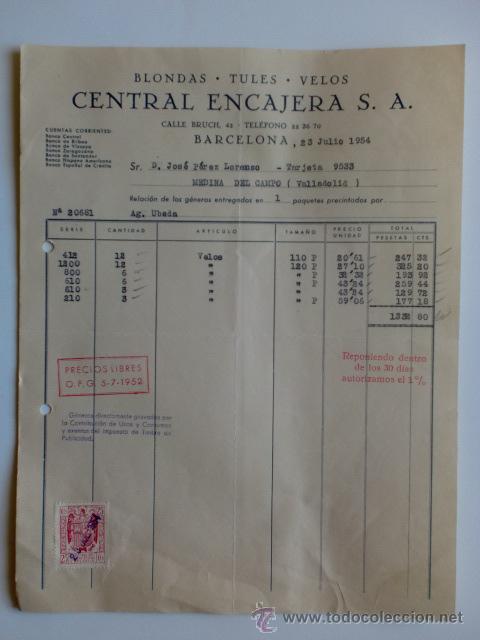 Factures anciennes: FACTURA. BARCELONA. JULIO 1954. CENTRAL ENCAJERA, S. A. BLONDAS, TULES, VELOS.
