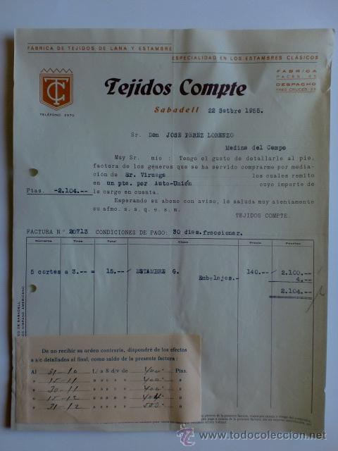 Factures anciennes: FACTURA. SABADELL. SEPTIEMBRE 1955. TEJIDOS COMPTE. FABRICA DE TEJIDOS DE LANA Y ESTAMBRE.