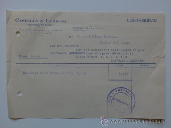 Factures anciennes: FACTURA. BARCELONA. JULIO 1947. CASTELLS Y LARRASA. GENEROS DE PUNTO.
