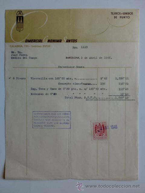 Factures anciennes: FACTURA. BARCELONA. ABRIL 1946. COMERCIAL ANONIMA SANTOS. TEJIDOS Y GENEROS DE PUNTO.