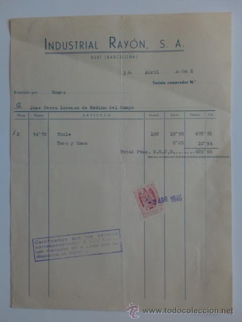 Factures anciennes: FACTURA. RUBI, BARCELONA. ABRIL 1946. INDUSTRIAL RAYON, S. A.