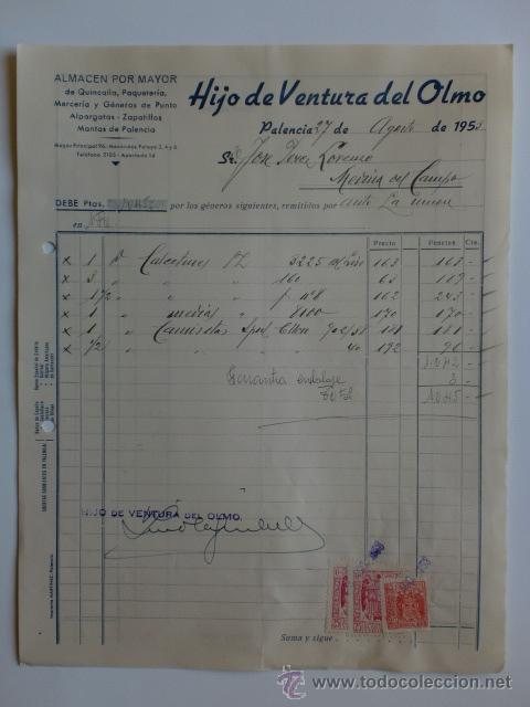 Factures anciennes: FACTURA. PALENCIA. AGOSTO 1953. HIJO DE VENTURA DEL OLMO. ALMACEN POR MAYOR.