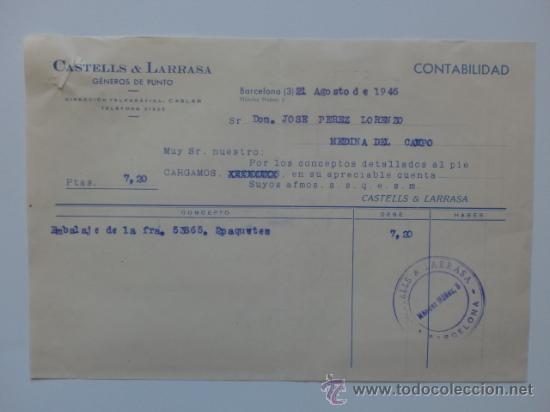 Factures anciennes: FACTURA. BARCELONA. AGOSTO 1946. CASTELLS Y LARRASA. GENEROS DE PUNTO.