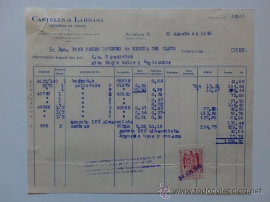 Factures anciennes: FACTURA. BARCELONA. AGOSTO 1946. CASTELLS Y LARRASA. GENEROS DE PUNTO.