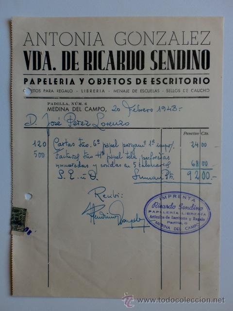 Factures anciennes: FACTURA. MEDINA DEL CAMPO. FEBRERO 1948. ANTONIA GONZALEZ. VDA. DE RICARDO SENDINO. PAPELERIA.