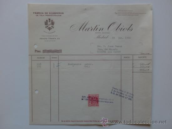 Factures anciennes: FACTURA. MADRID. JUNIO 1960. MARTIN OBIOLS. FABRICA DE SOMBREROS.