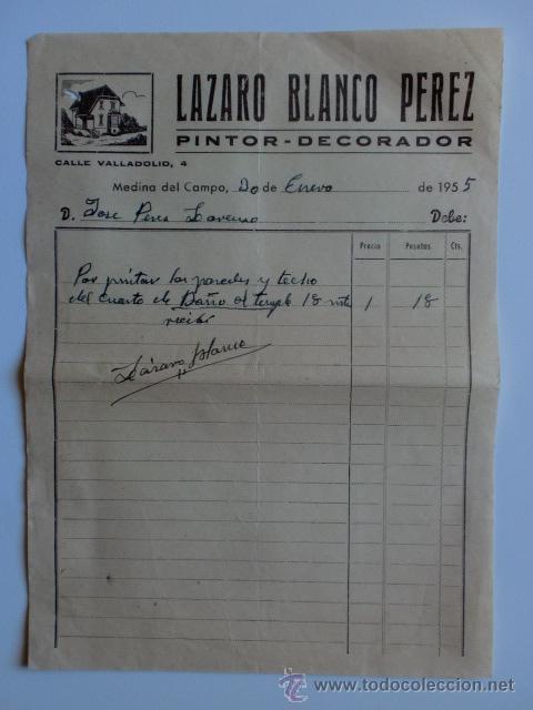 Fatture antiche: FACTURA. MEDINA DEL CAMPO. ENERO 1955. LAZARO BLANCO PEREZ. PINTOR DECORADOR.