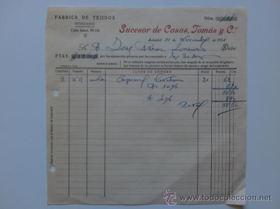 Fatture antiche: FACTURA. SABADELL. NOVIEMBRE 1931. SUCESOR DE CASAS, TOMAS Y CIA. FABRICA DE TEJIDOS.