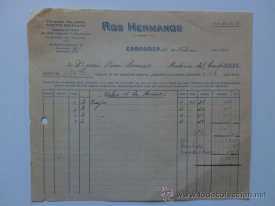 Fatture antiche: FACTURA. ZARAGOZA. FEBRERO 1931. ROS HERMANOS. GRANDES TALLERES ELECTRO MECANICOS.