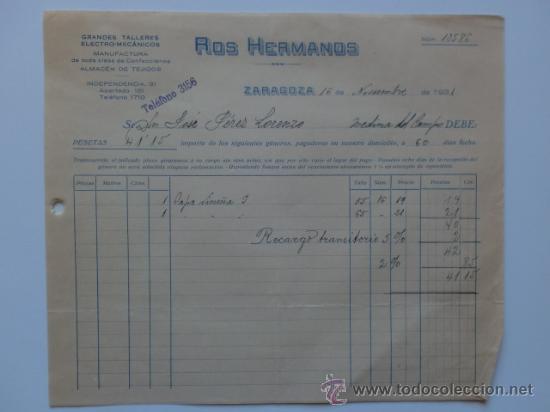 Fatture antiche: FACTURA. ZARAGOZA. NOVIEMBRE 1931. ROS HERMANOS. GRANDES TALLERES ELECTRO MECANICOS.