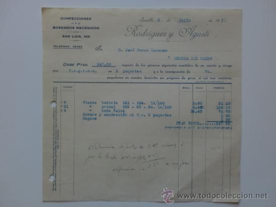 Fatture antiche: FACTURA. SEVILLA. JULIO 1931. RODRIGUEZ Y AGUSTI. CONFECCIONES Y BORDADOS MECANICOS.