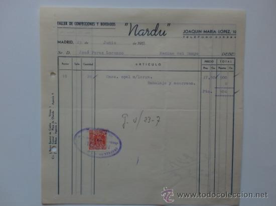 Fatture antiche: FACTURA. MADRID. JUNIO 1953. NARDI. TALLER DE CONFECCIONES Y BORDADOS.