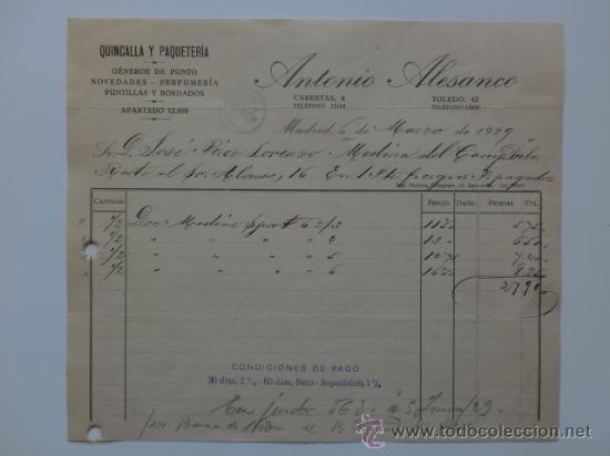Fatture antiche: FACTURA. MADRID. MARZO 1929. ANTONIO ALESANCO. QUINCALLA Y PAQUETERIA.