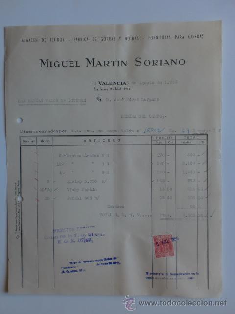 Fatture antiche: FACTURA. VALENCIA. AGOSTO 1959. MIGUEL MARTIN SORIANO. ALMACEN DE TEJIDOS, FABRICA DE GORRAS.