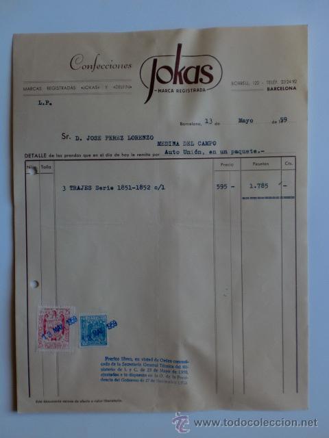 Fatture antiche: FACTURA. BARCELONA. MAYO 1959. CONFECCIONES JOKAS, MARCA REGISTRADA.